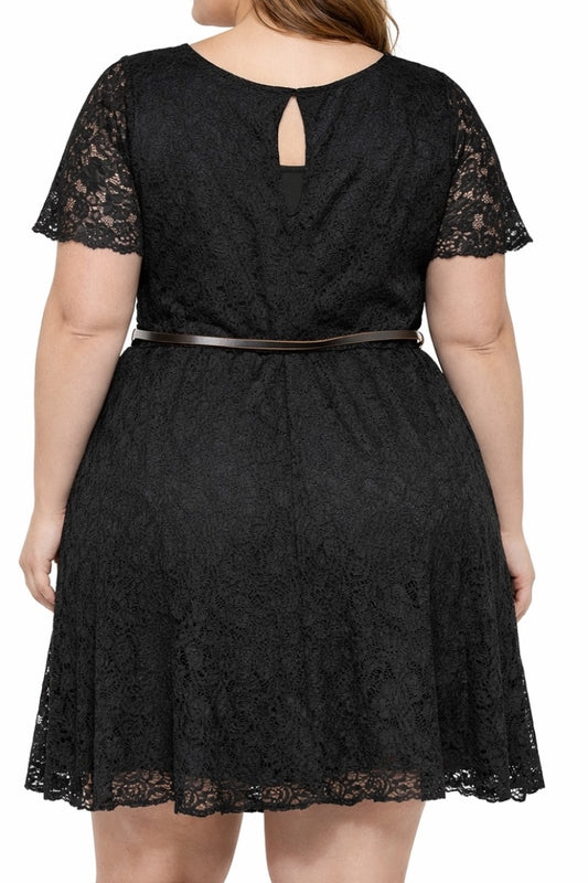 Black lace dress with a belt on a white background