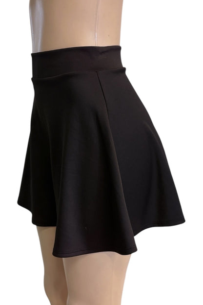 A black flared mini skirt displayed on a mannequin torso against a plain white background.