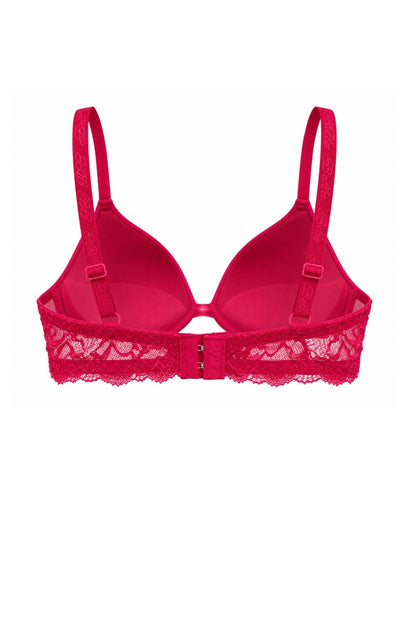A bright pink molded-cup bra with matching lace underband and adjustable shoulder straps, shown against a plain white background.