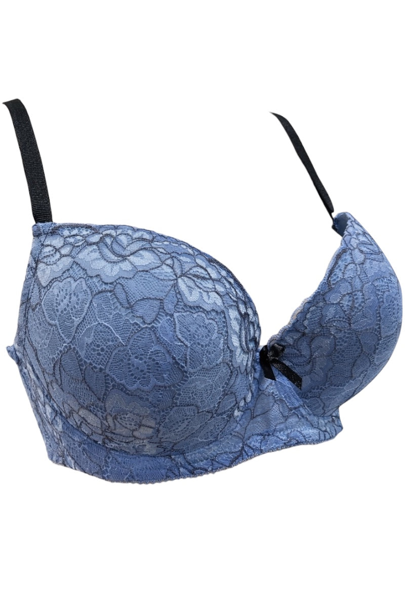 Blue lace bra on a white background