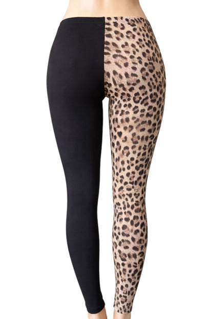 Leggings with black and leopard print design on a white background