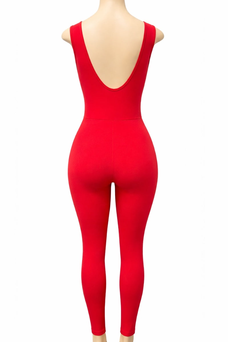 Red jumpsuit on a mannequin against a white background