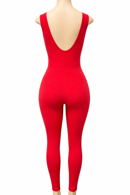 Red jumpsuit on a mannequin against a white background