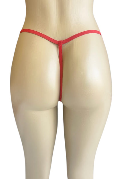 Red thong on a mannequin against a white background