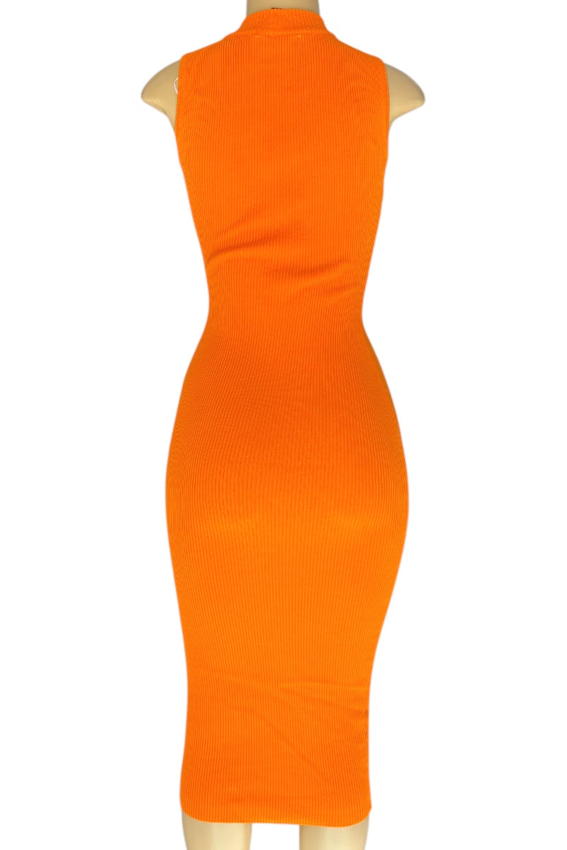 Orange dress on a mannequin against a white background