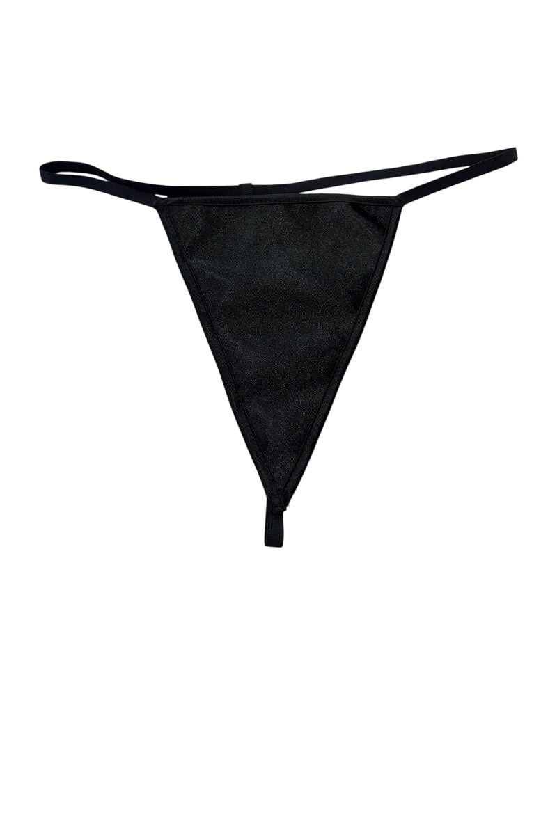 A black triangle-style thong or g-string underwear bottom with thin side straps and a small front tab, shown flat against a plain white background.