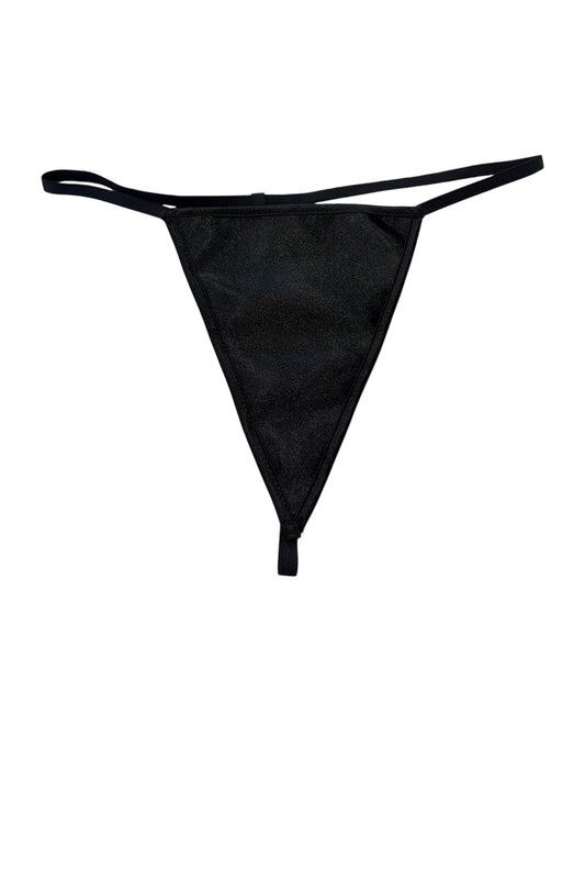 A black triangle-style thong or g-string underwear bottom with thin side straps and a small front tab, shown flat against a plain white background.