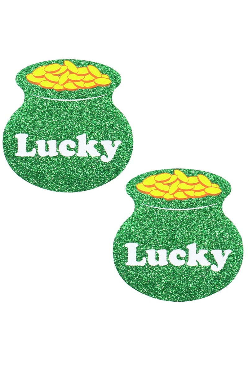 Two green pots of gold with 'Lucky' text on a white background