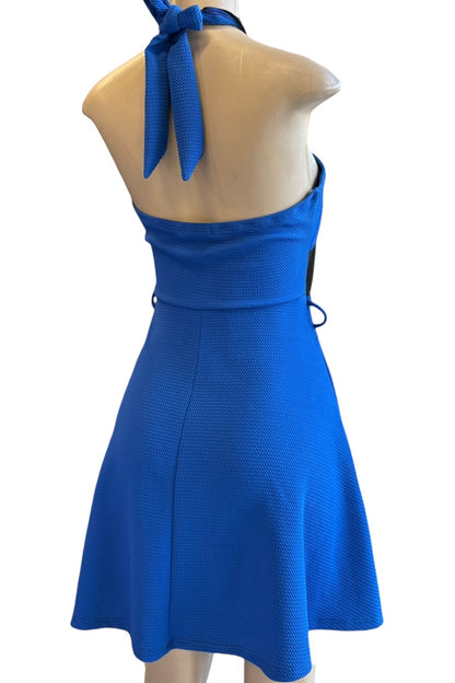 Blue dress on a mannequin with a white background