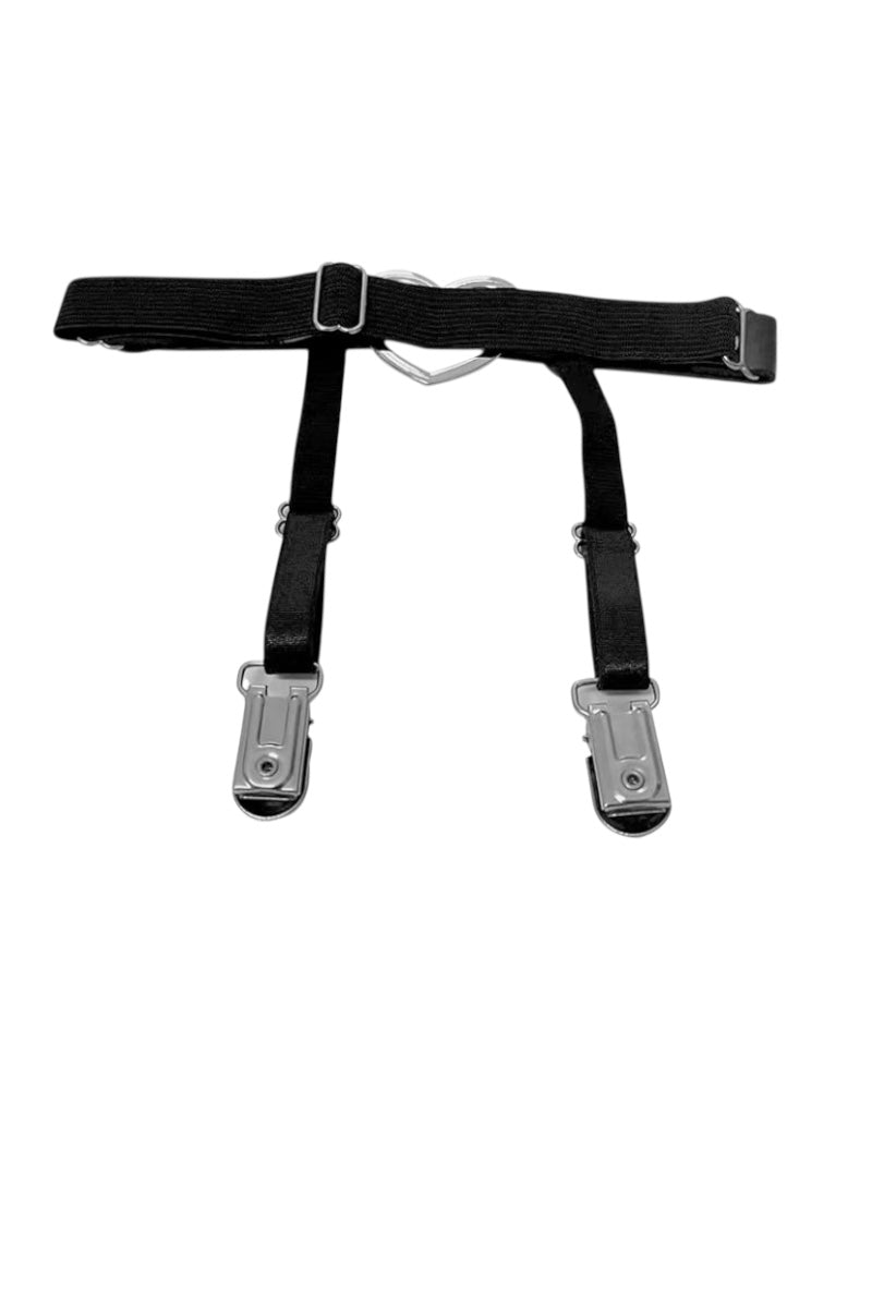 A black leg garter with silver metal clips and a central metal ring, displayed against a solid white background.