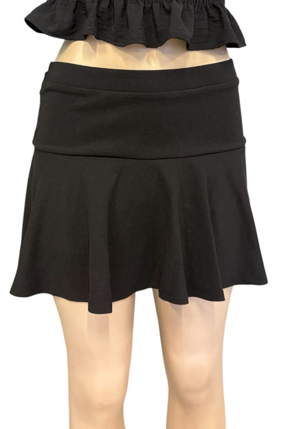 A black flared mini skirt with a wide waistband, displayed on a mannequin torso against a plain white background.