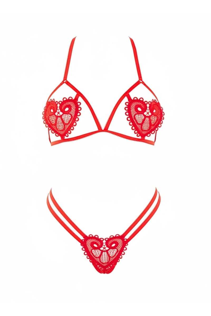 Red bra and panties set with heart designs on a white background