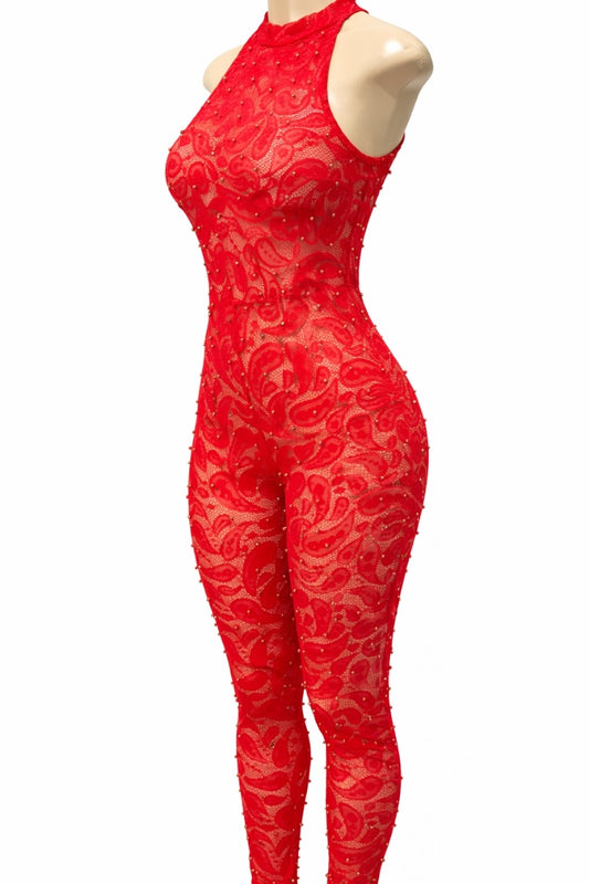 Red lace bodysuit on a mannequin against a white background