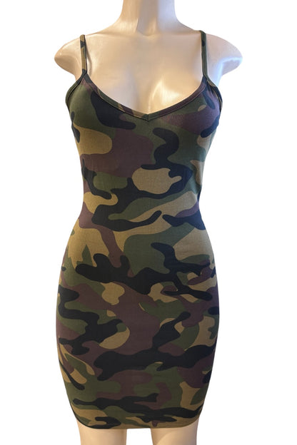 Camouflage dress on a mannequin against a white background