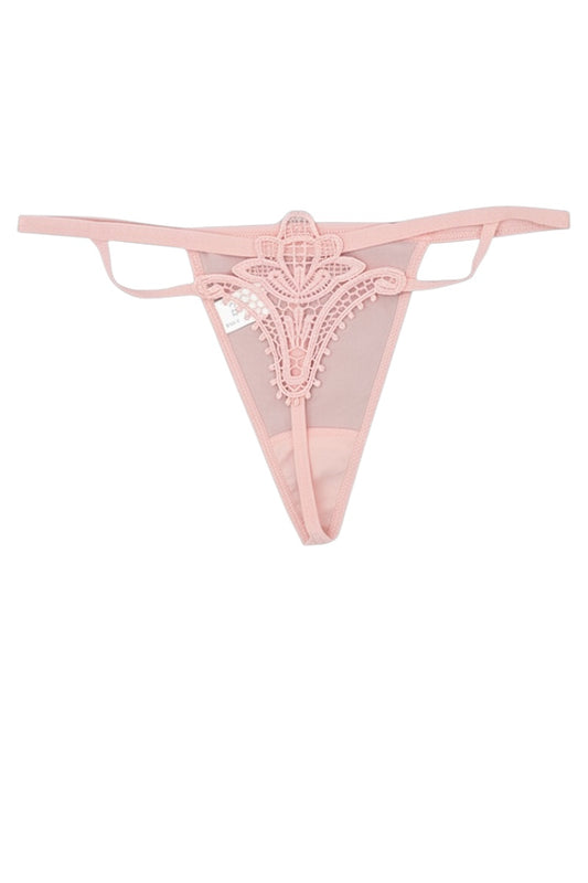 Pink lace thong on a white background