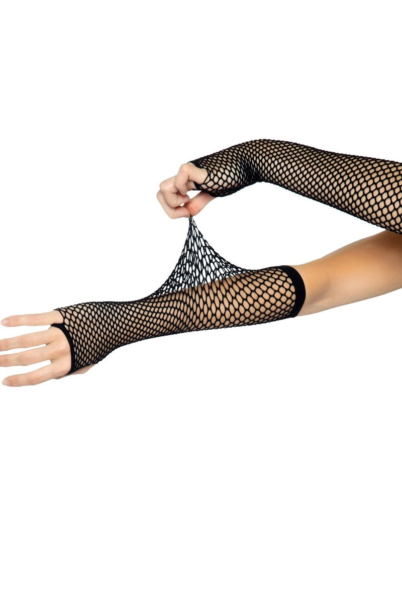 Black fishnet arm sleeves worn on both arms, with one hand stretching the fabric to show elasticity, against a plain white background.
