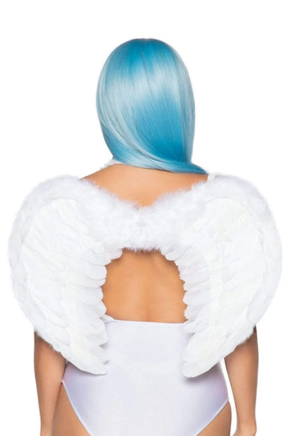 White faux-fur angel wings worn over the shoulders of a model, shown from the back against a plain white background.