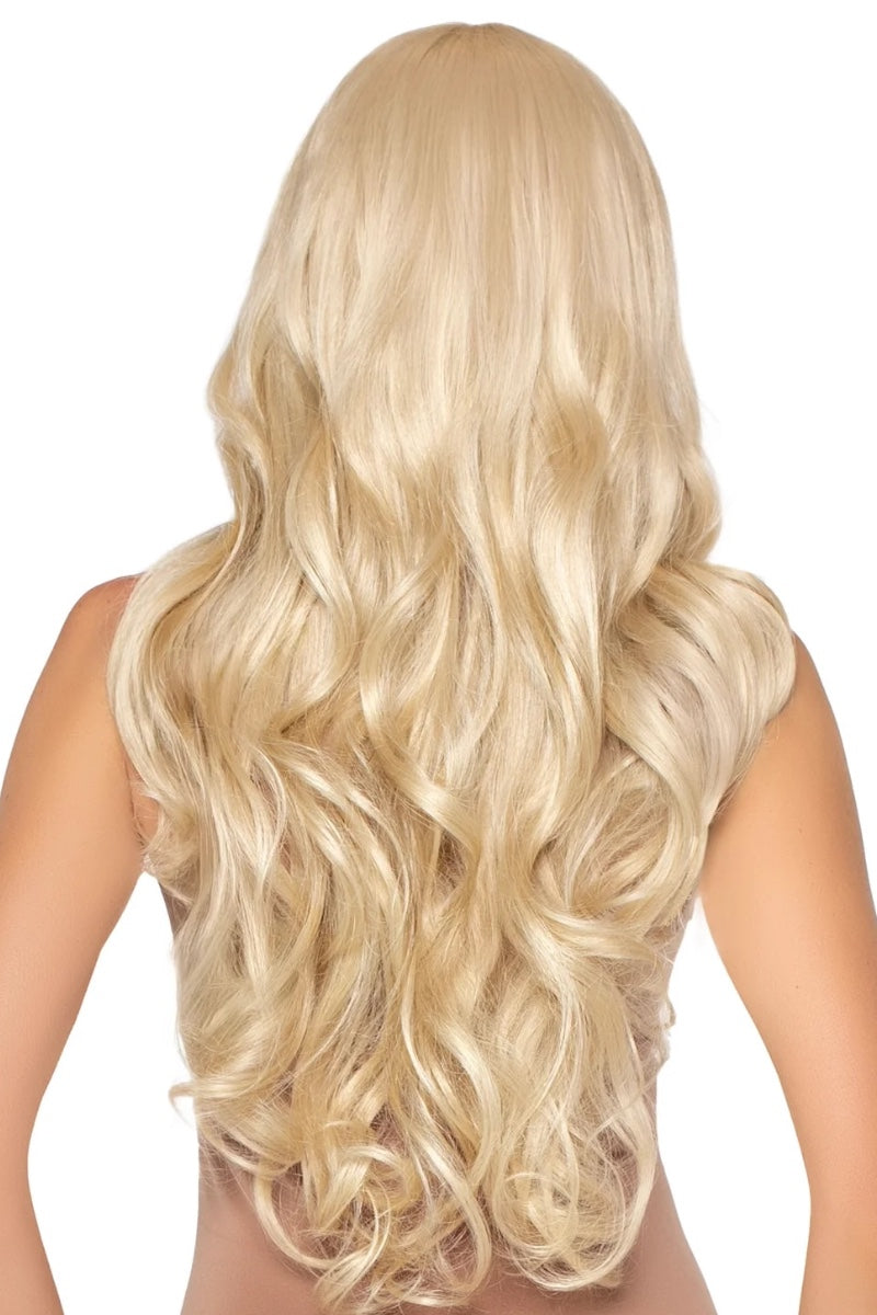 Long, wavy platinum blonde wig shown from the back on a model against a plain white background.