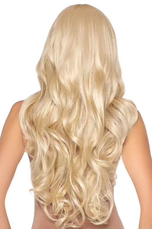 Long, wavy platinum blonde wig shown from the back on a model against a plain white background.