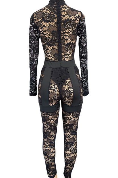 Black lace jumpsuit on a white background