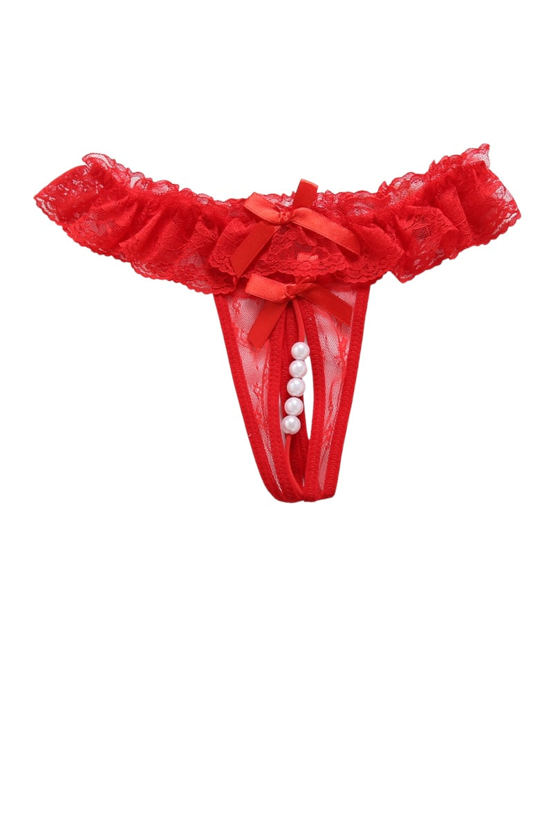 Red lace thong with ruffles and pearls on a white background