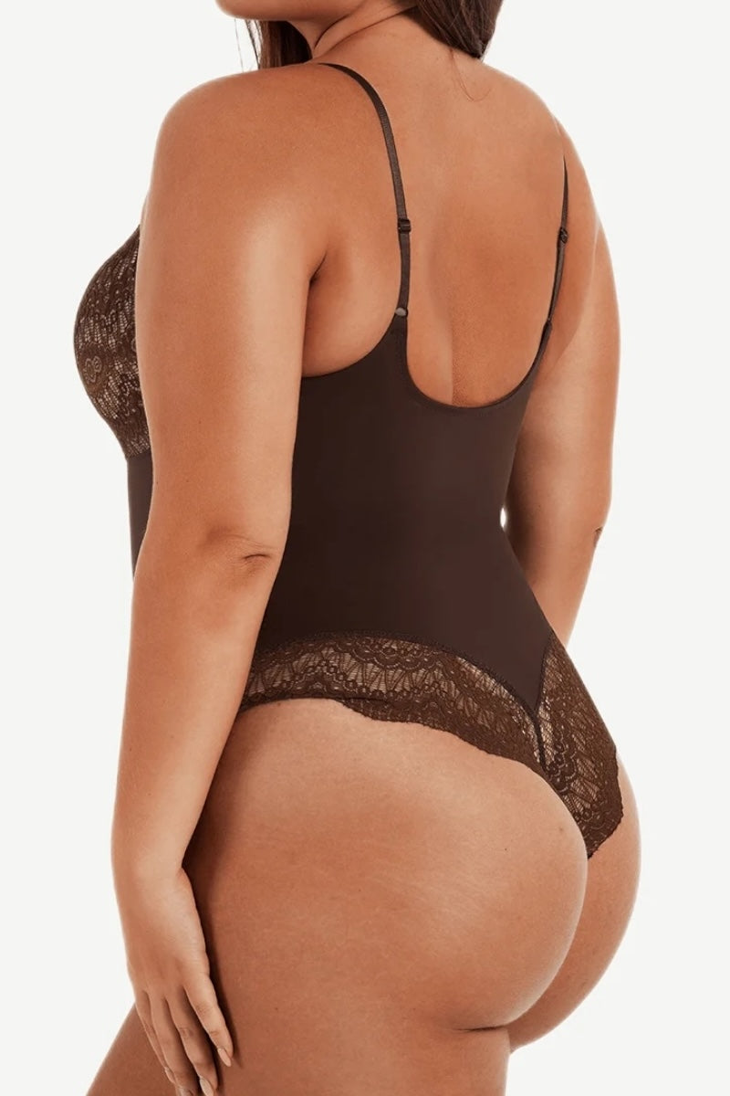 Brown lace bodysuit on a plain background