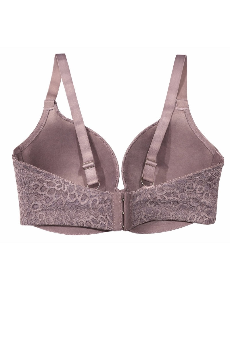 taupe bra with lace detailing on a white background