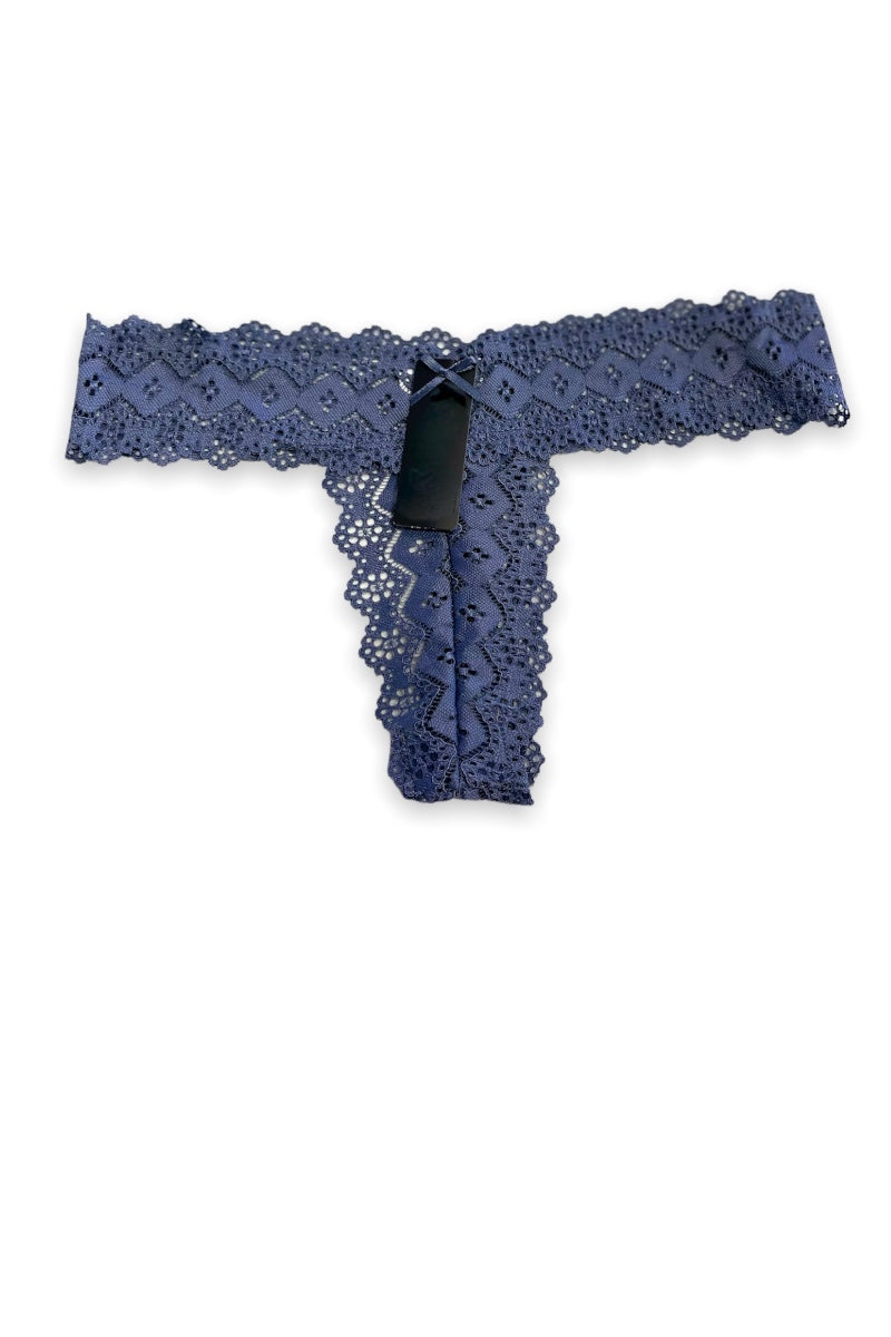 Blue lace thong on a white background