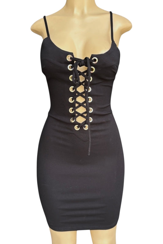 Black lace-up dress on a mannequin against a white background