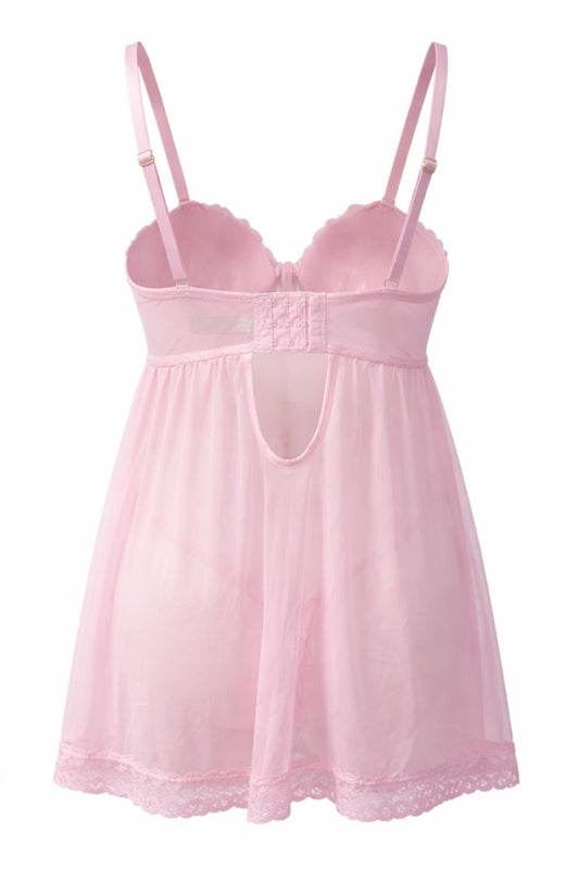 Pink nightgown with lace details on a white background