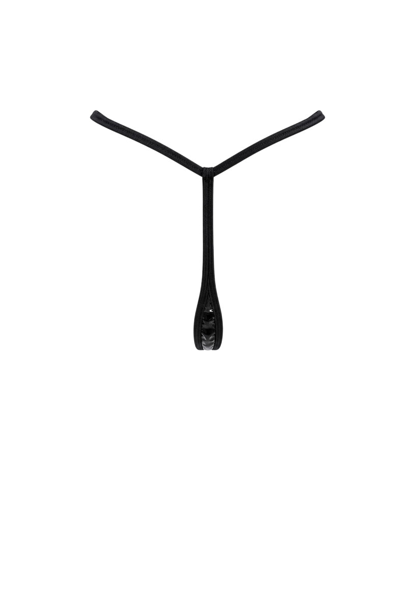 A black thong from the back shown against a solid white background.