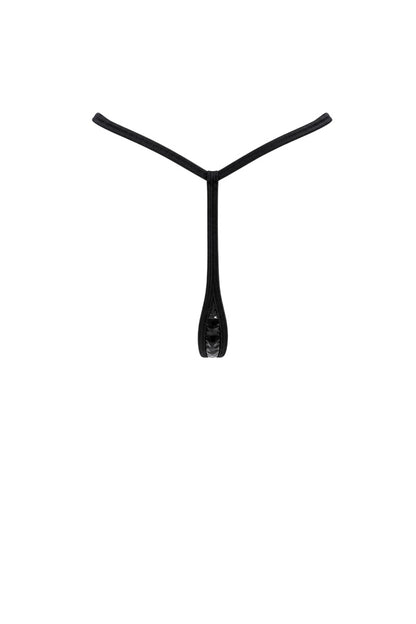 A black thong from the back shown against a solid white background.