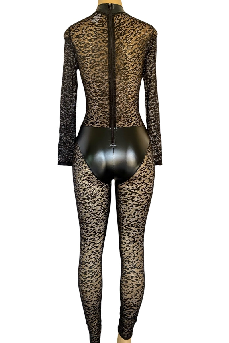 Black leopard print bodysuit on a mannequin against a white background