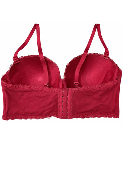 Burgundy Red bra with lace details on a white background