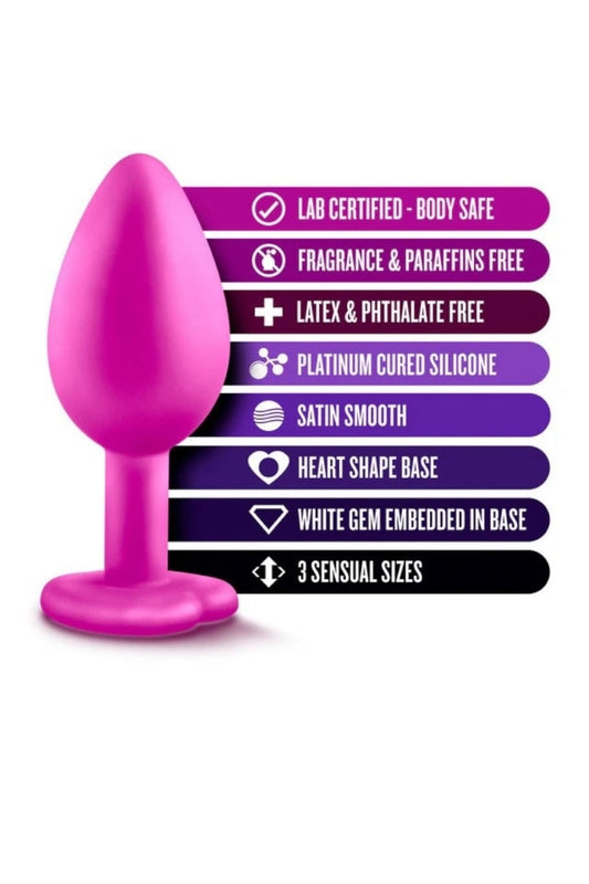 Purple silicone product with feature list on a white background