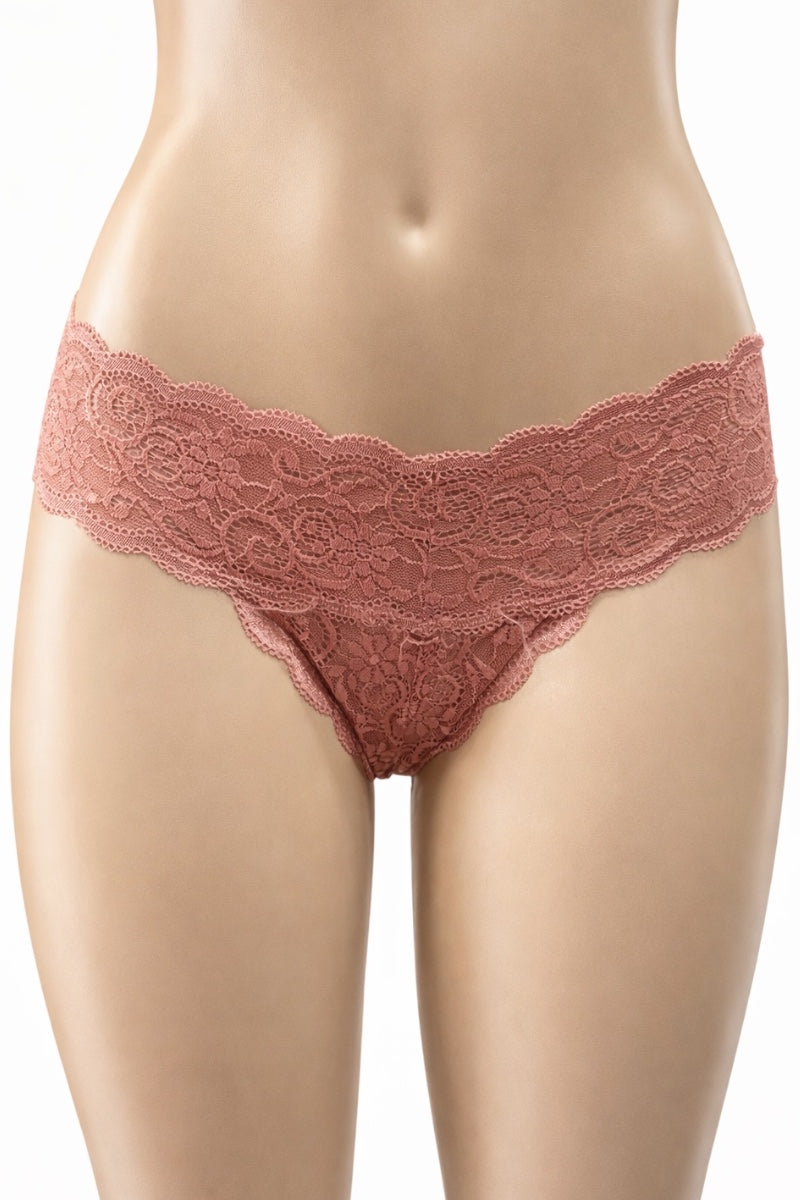 Lace pink mauve glow underwear on a mannequin against a white background