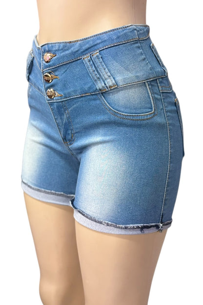 Blue denim shorts on a white background