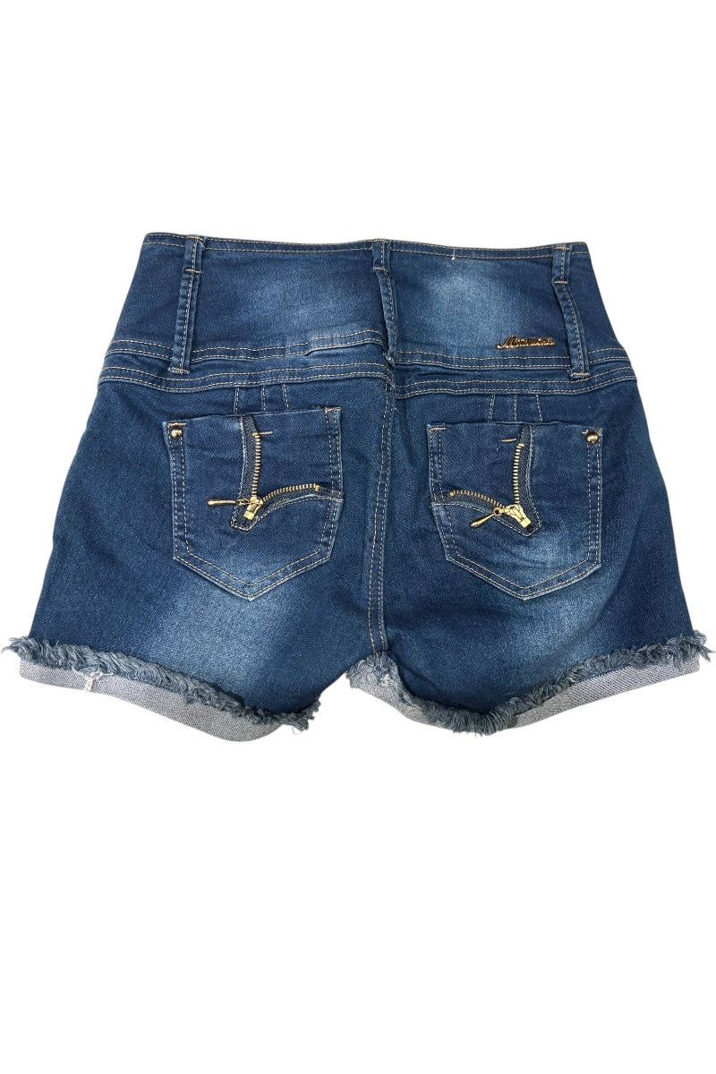 Blue denim shorts with frayed hem on a white background