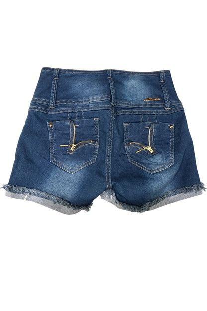 Blue denim shorts with frayed hem on a white background