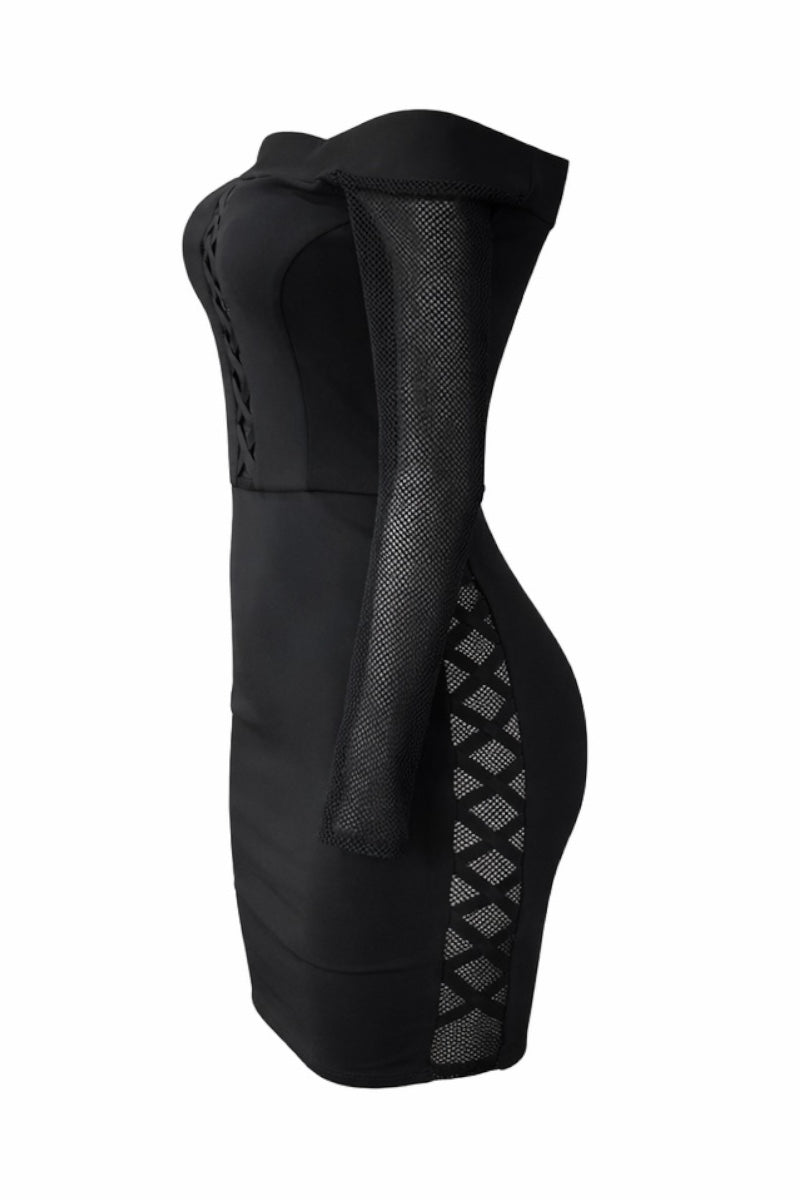 Black dress with mesh detailing on a white background