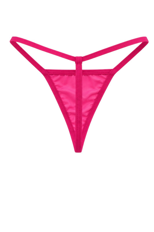 Bright hot pink thong-style underwear photographed flat against a solid white background.