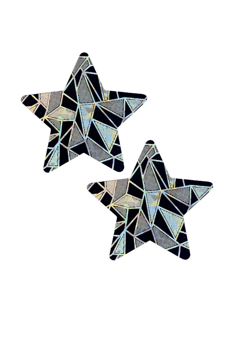 Two star-shaped decorative items with a geometric pattern on a white background
