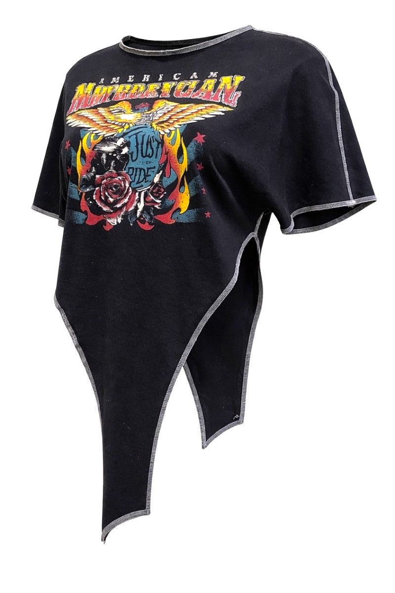 Black t-shirt with colorful graphic design on a white background