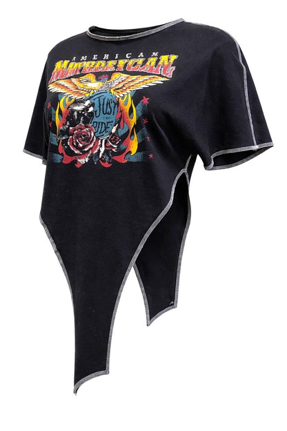 Black t-shirt with colorful graphic design on a white background