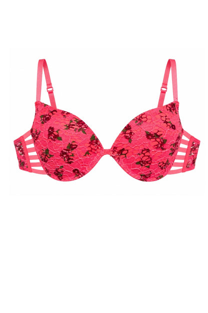 A bright pink lace bra with a black floral pattern and white side cutouts, shown against a plain white background.