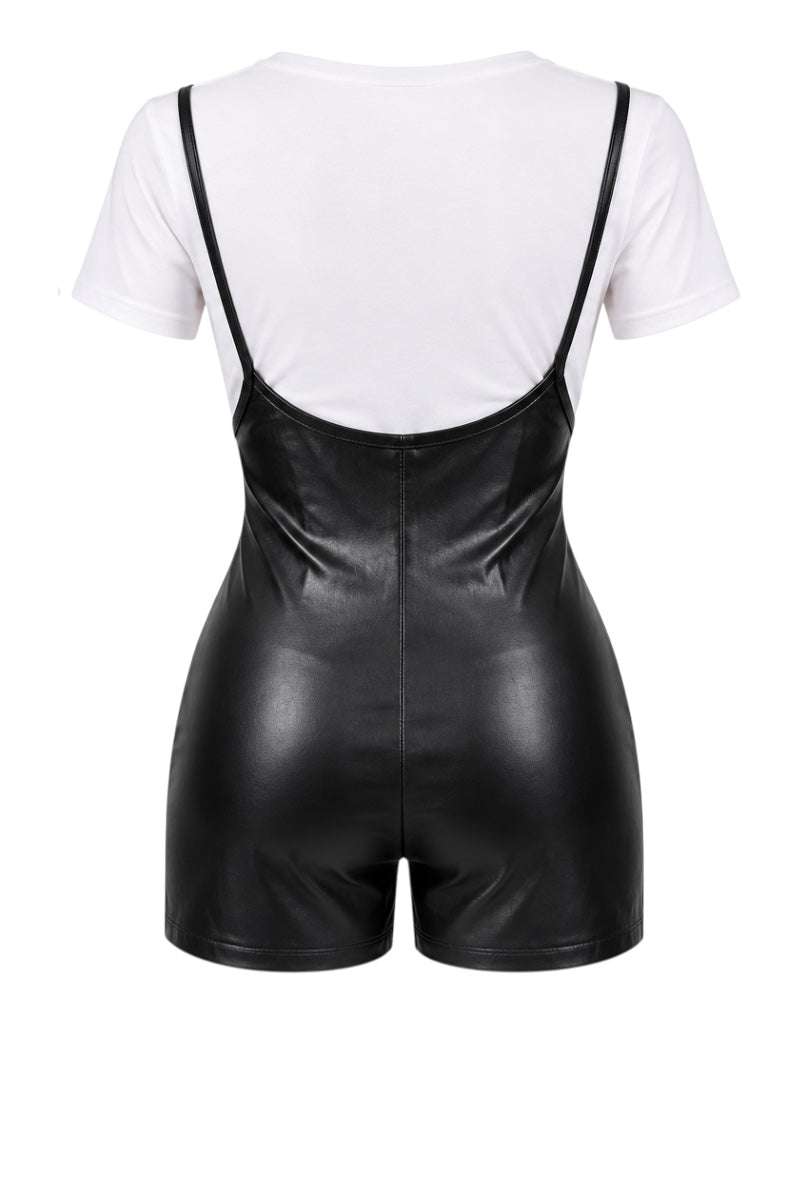 Black faux leather romper with thin shoulder straps and a white short-sleeve bodysuit layered underneath, shown from the back on a white background.