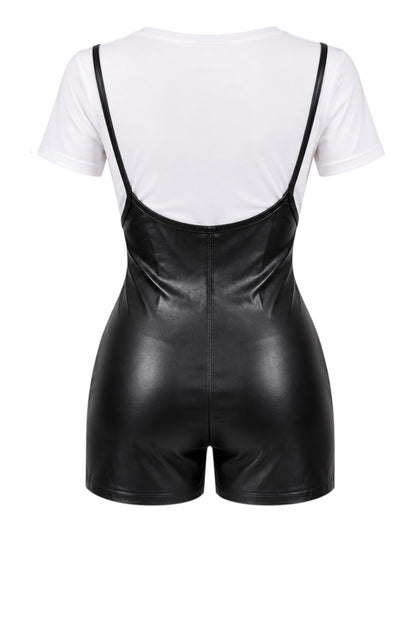 Black faux leather romper with thin shoulder straps and a white short-sleeve bodysuit layered underneath, shown from the back on a white background.