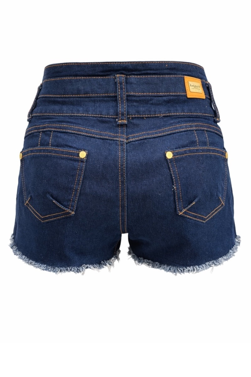 Blue denim shorts with a brand label on a white background