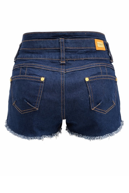 Blue denim shorts with a brand label on a white background