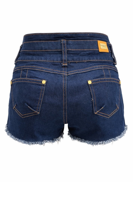 Blue denim shorts with a brand label on a white background